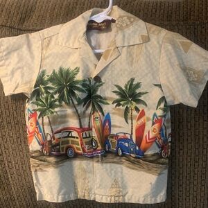 Beige Boys Hawaiian Button-Down Shirt with Palm & Surfboard Print